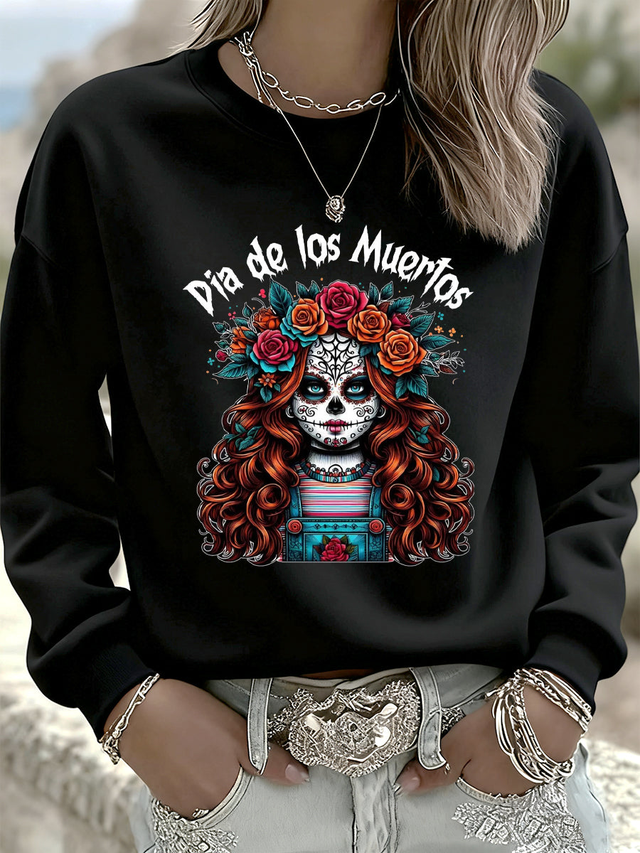 De las mujeres Mexicanas Día De Los Muertos de La Vendimia Moda Casual Cuello Redondo Manga Larga Sudadera