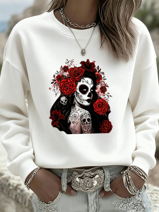 De las mujeres Mexicanas Día De Los Muertos de La Vendimia Moda Casual Cuello Redondo Manga Larga Sudadera