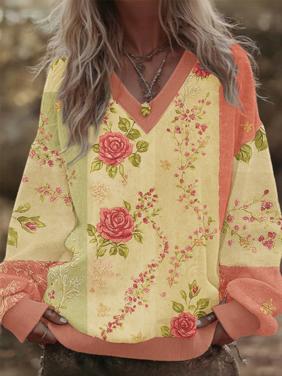 Sudadera con cuello en V floral de la conciencia del cáncer de pecho de las mujeres