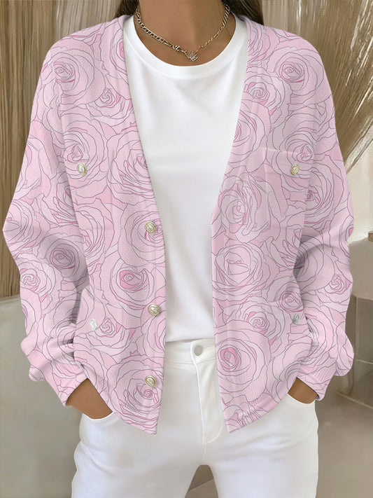 Mujer Rosa Floral Print Pocket Cardigan