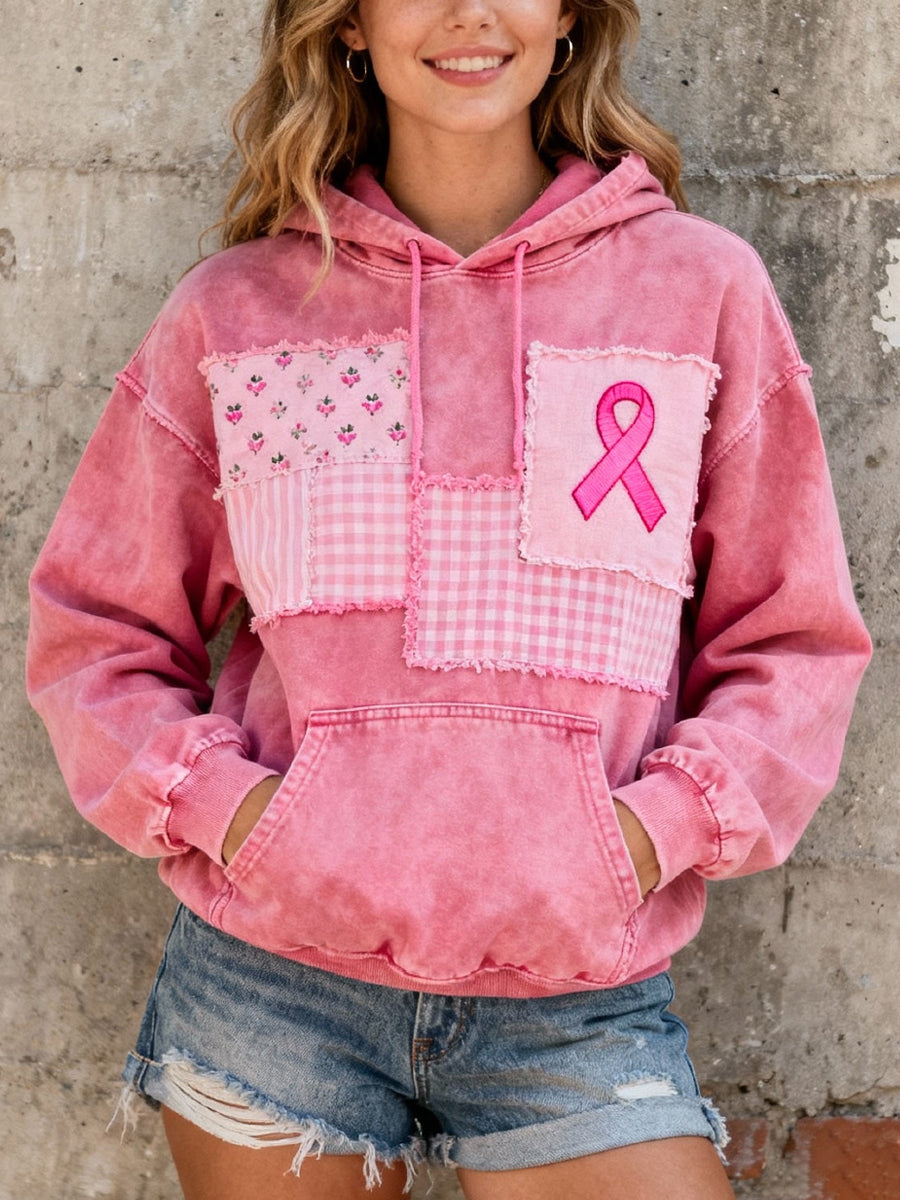 Mujer Pink Ribbon Embroidered Washed Hoodie