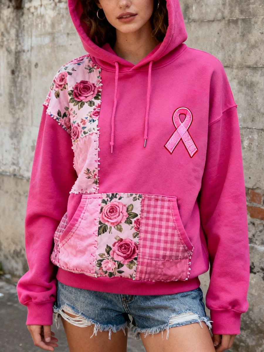 Mujer Pink Ribbon & Floral Patchwork Art Hoodie