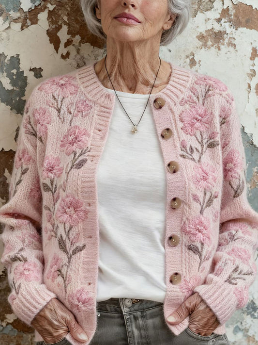 Otoño e Invierno de las mujeres Rosa Floral Cómodo Suéter Cálido Cardigan
