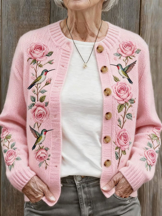 Las mujeres de Otoño E Invierno Rosa Colibrí Floral Cómodo Suéter Caliente Cardigan