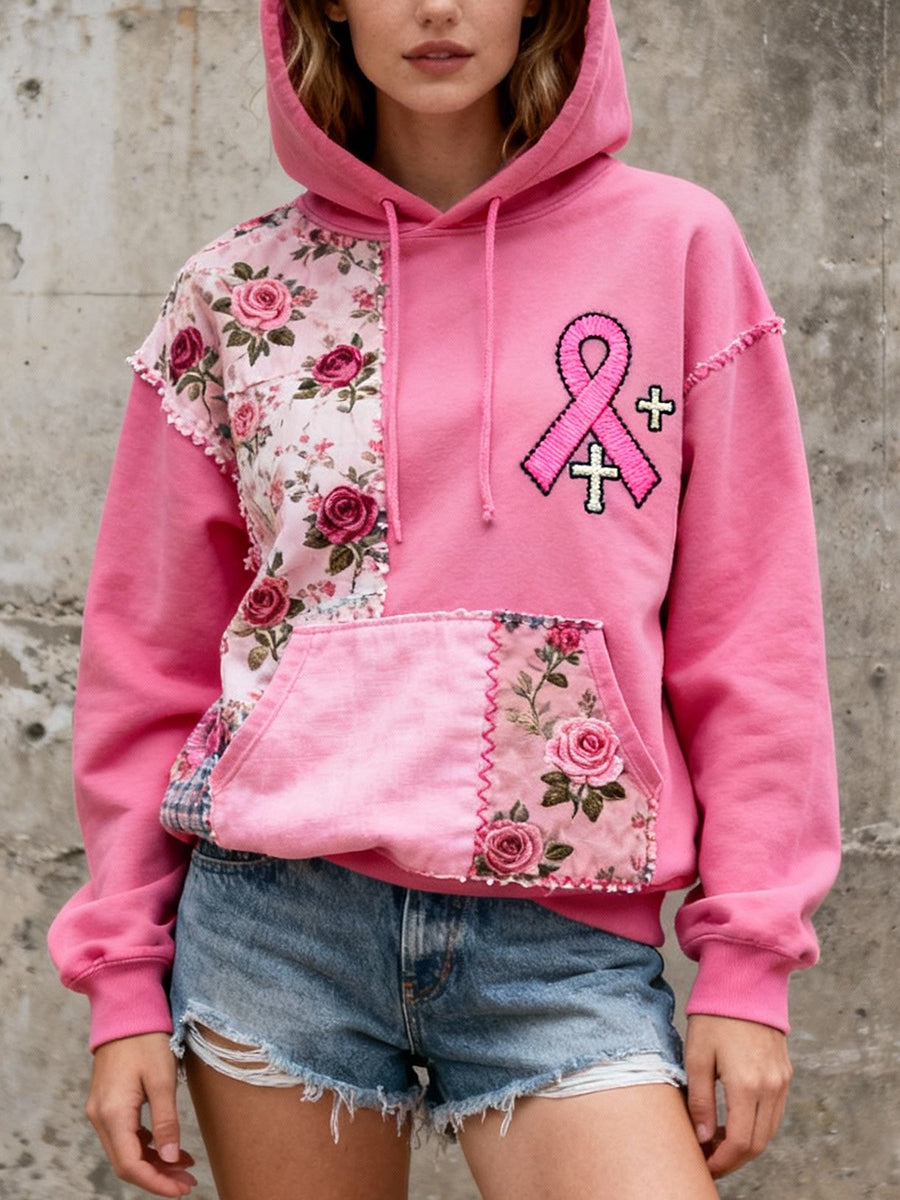 Mujer Pink Ribbon Embroidery Patchwork Hoodie