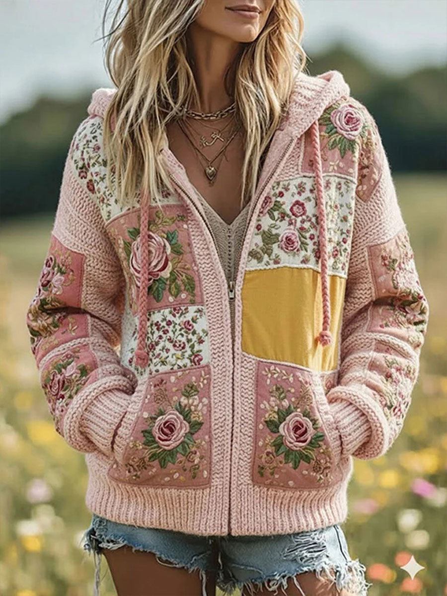 Chaqueta con cremallera casual con estampado floral rosa para mujer