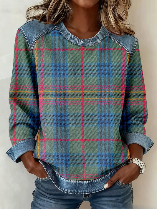 Sudadera de patchwork de mezclilla con patrón de cuadros vintage para mujer