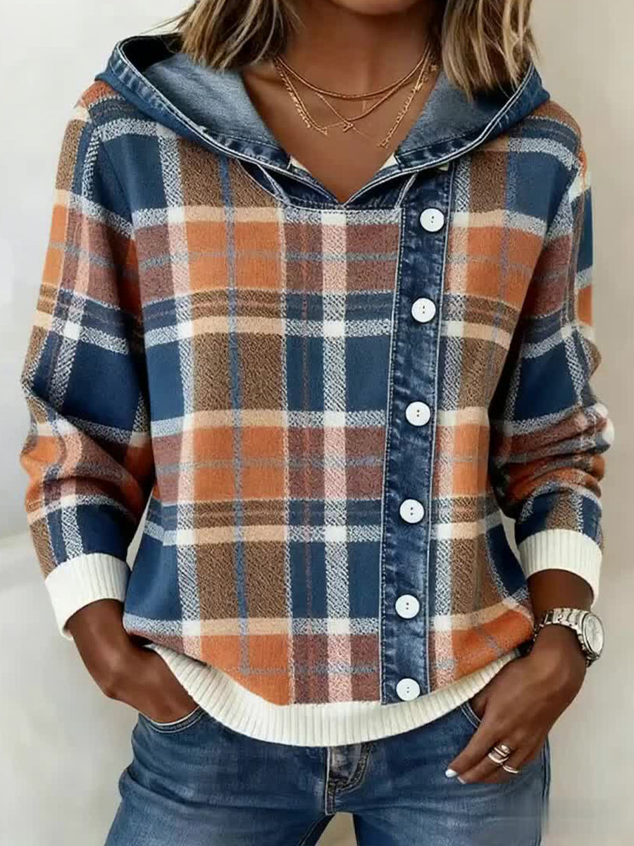 Mujer Vintage Plaid Patrón Patchwork Art Hoodie