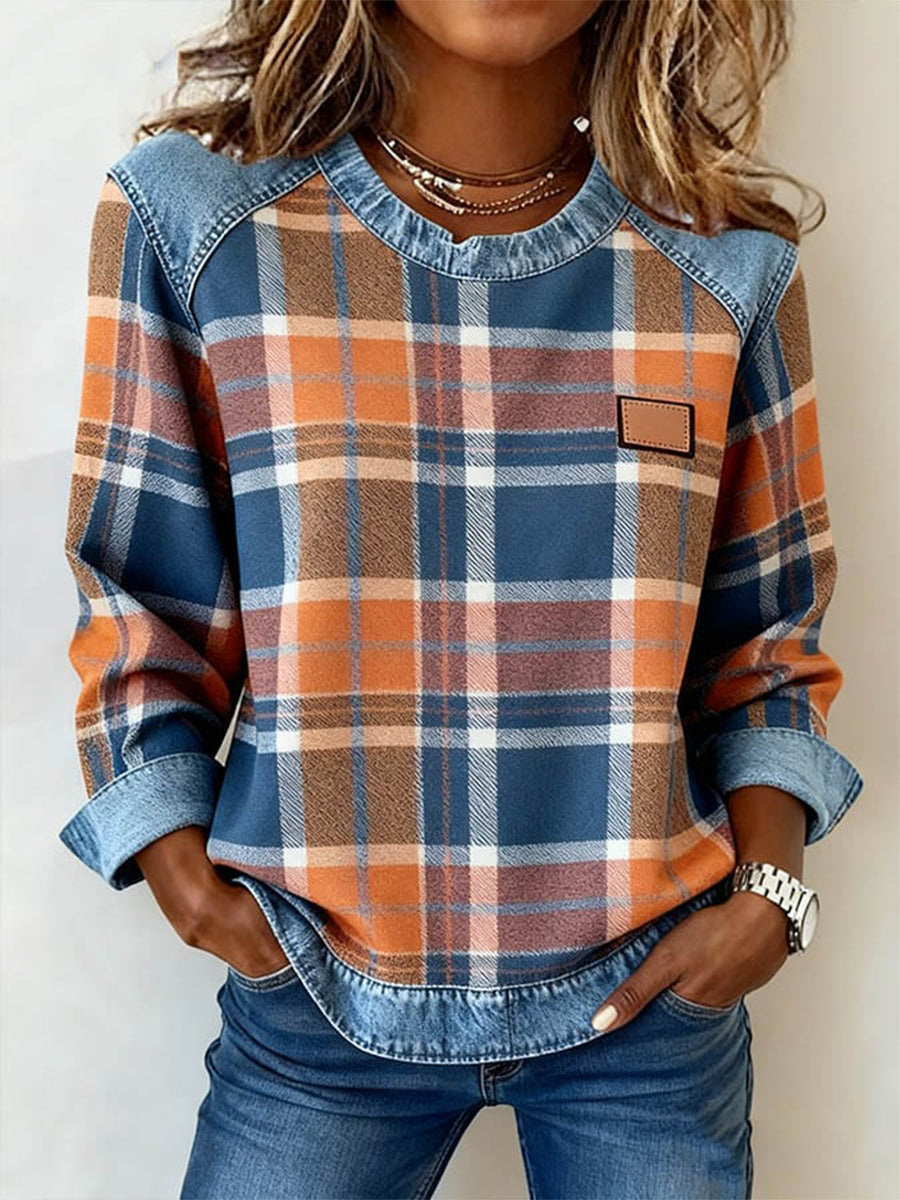 Vintage Plaid Print Patchwork Art Sudadera de mujer