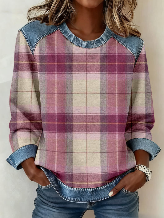 Sudadera de patchwork de mezclilla con patrón de cuadros vintage para mujer