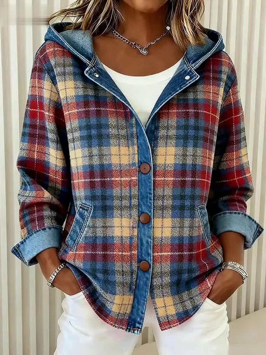 Vintage Plaid Pattern Patchwork Art de las mujeres Cardigan con capucha