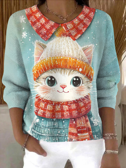 Suéter con estampado de arte de gato de invierno para mujer