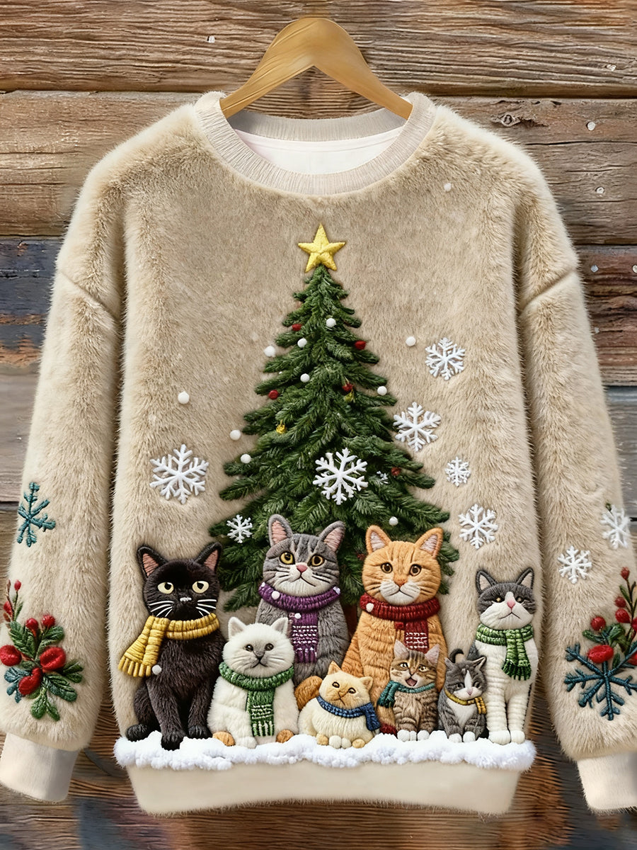Sudadera de franela de arte de gato de Navidad para mujer