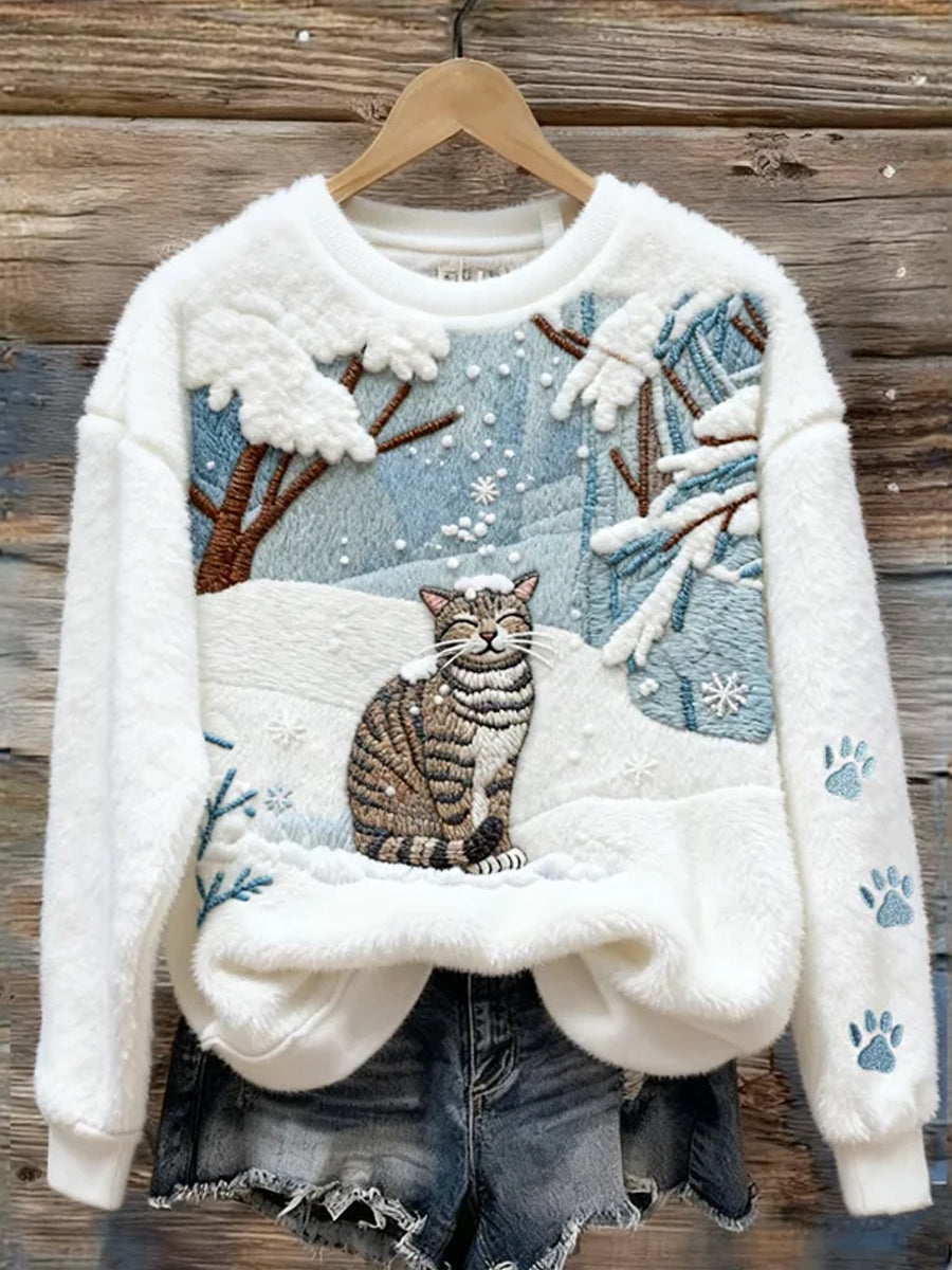 Gato encantador de la Navidad de las mujeres en Snowy Forest Cozy Print Casual sudadera de felpa
