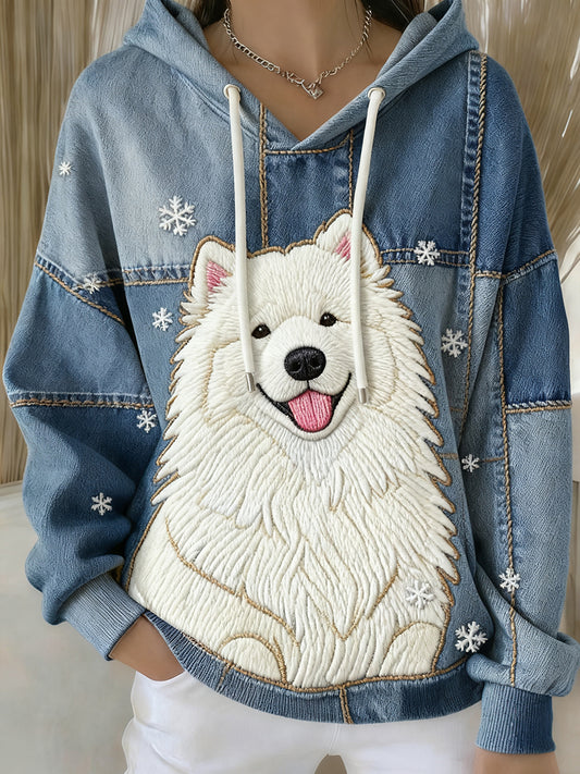 Sudadera con capucha de cordón casual con estampado de arte de perro vintage para mujer
