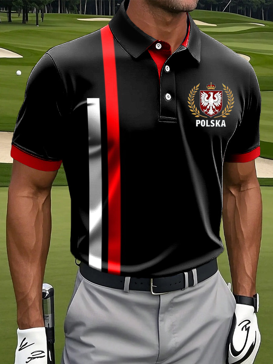 Hombres Vintage polaco emblema Stripe empalmado impreso Casual Business Polo