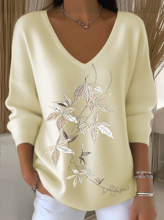 Suéter con cuello en V para mujer bordado con hojas beige