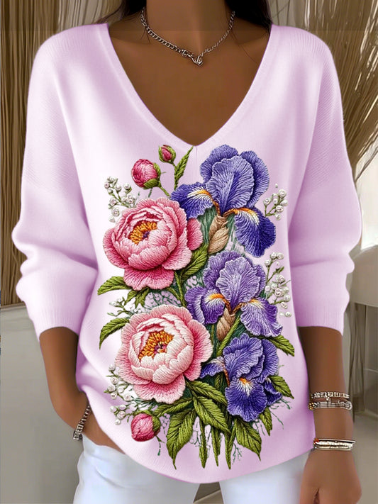 Suéter con cuello en V bordado floral rosa de mujer