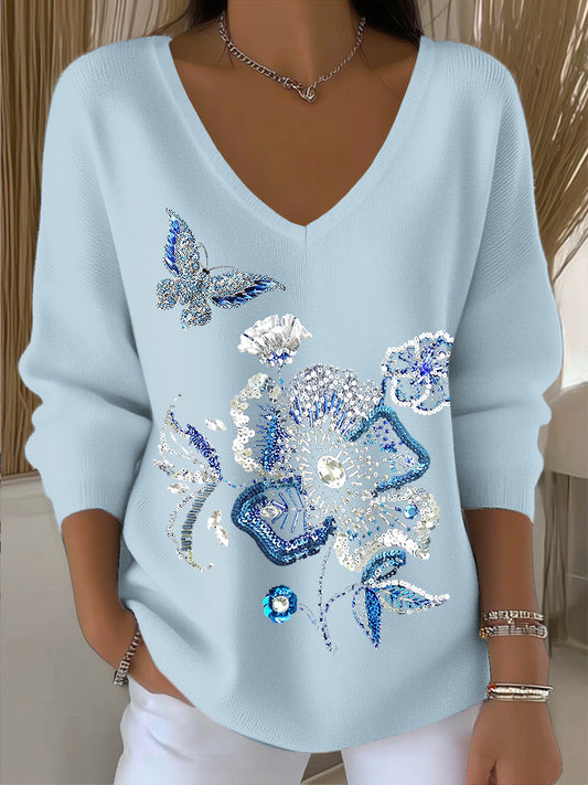 Top con cuello en V floral del arte del Rhinestone de la mariposa de las mujeres