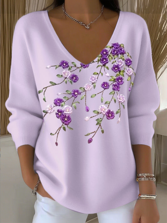 Suéter con cuello en V de bordado floral púrpura claro para mujer