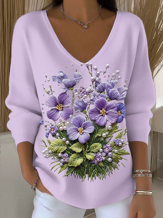 Adorable Floral Pearl V-Neck Top para mujer
