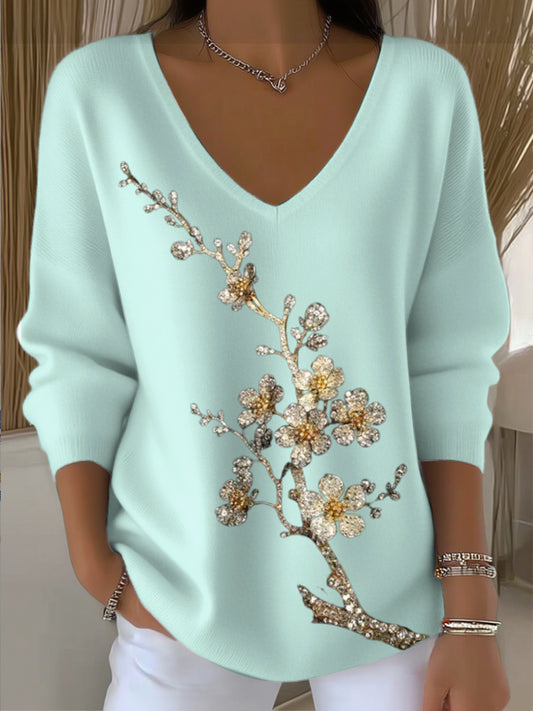 Suéter de cuello en V de bordado floral de diamante azul-verde simple para mujer