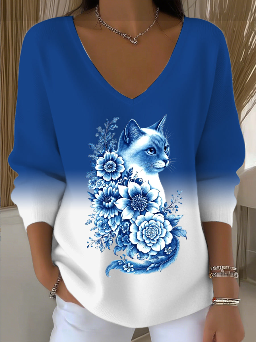 Suéter azul-blanco impresionante del V-cuello del gradiente de las mujeres con el gato azul y el diseño floral