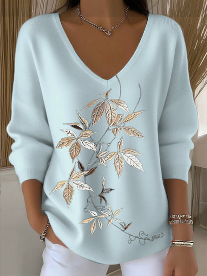 Suéter con cuello en V para mujer bordado con hojas beige