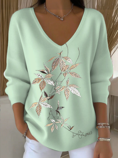 Suéter con cuello en V para mujer bordado con hojas beige