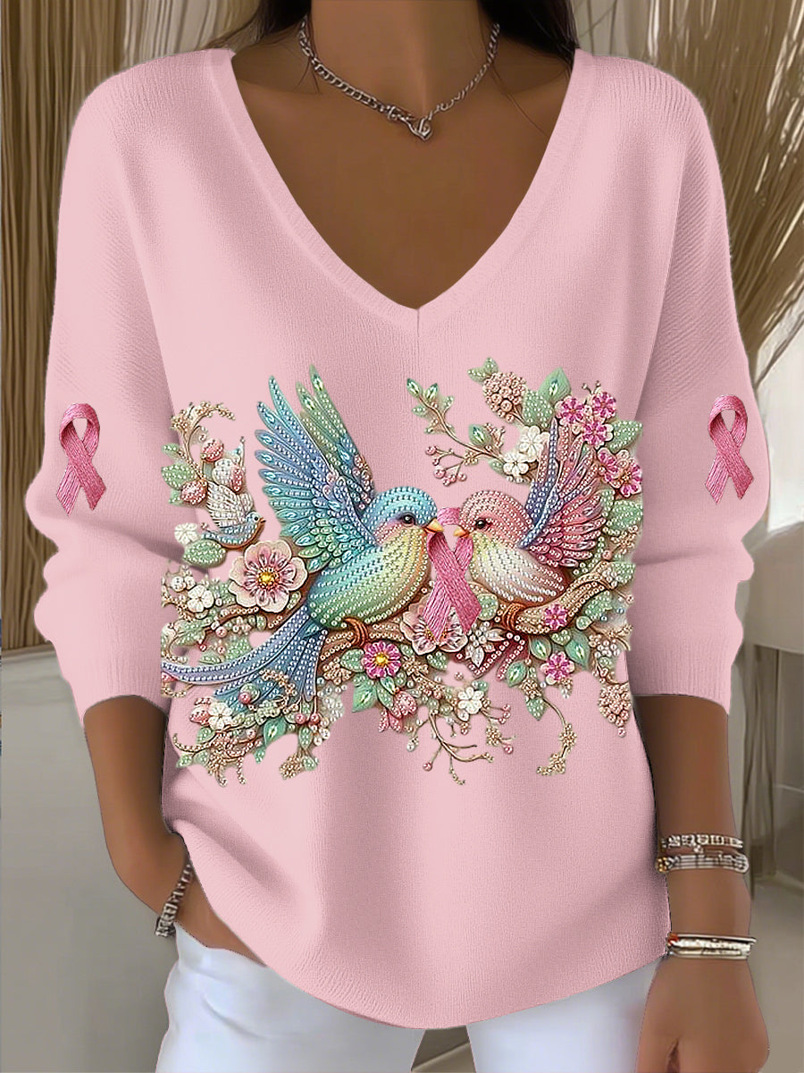 Top con cuello en V para mujer Romantic Hummingbird Rhinestone Art