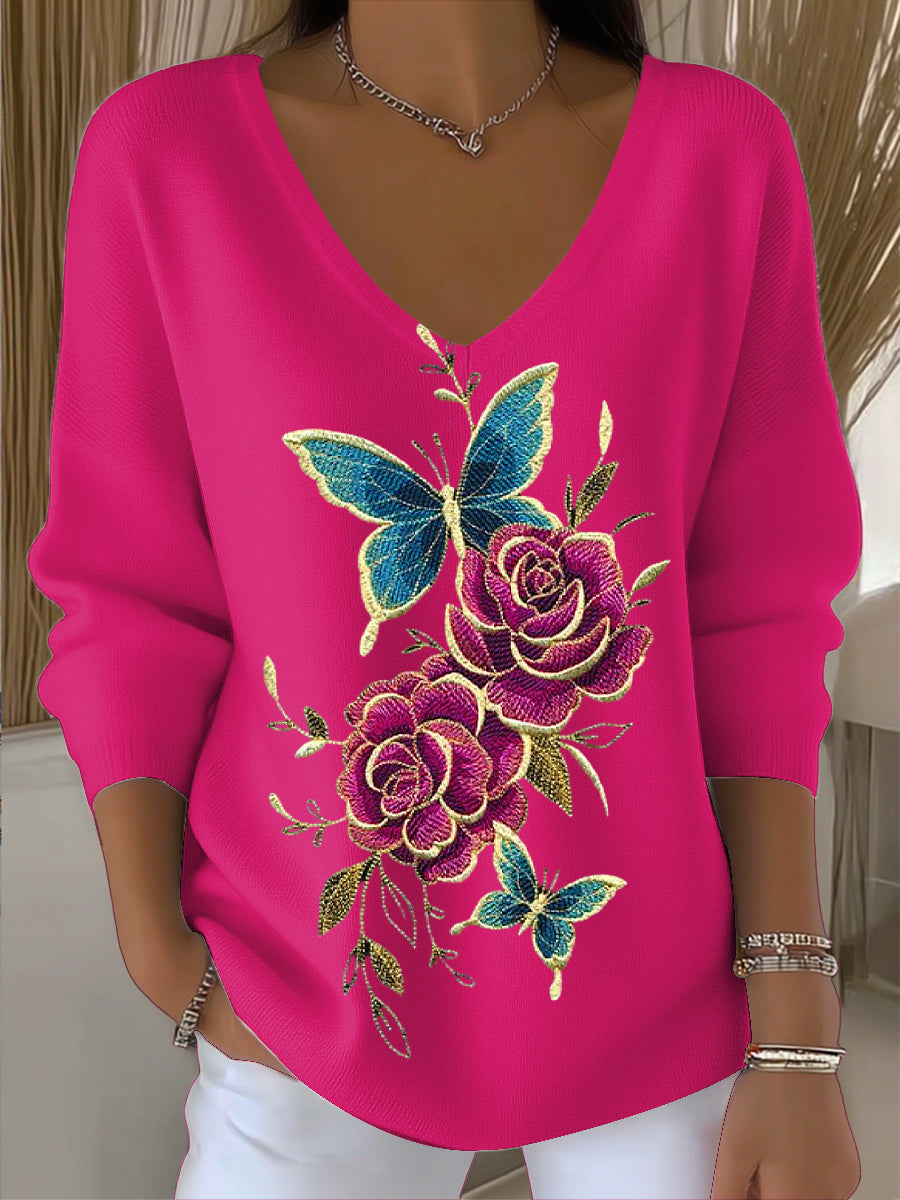 Top con cuello en V Vintage Butterfly Floral Art para mujer