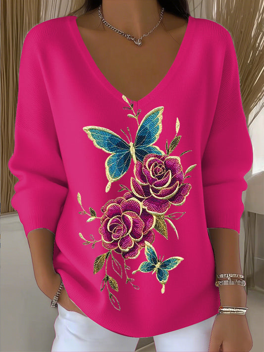 Top con cuello en V Vintage Butterfly Floral Art para mujer