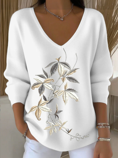 Suéter con cuello en V blanco de estilo europeo para mujer con bordado de hojas encantador, moderno y cómodo, fácil de crear miradas diarias