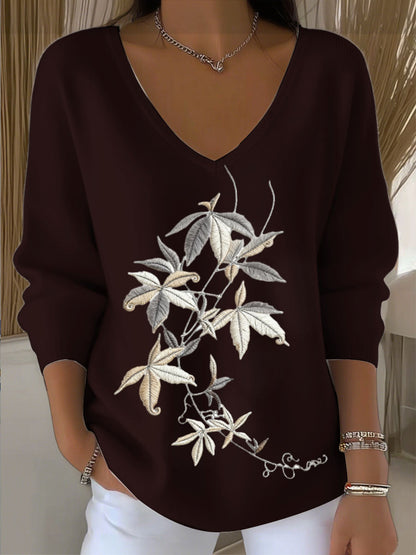 Suéter con cuello en V blanco de estilo europeo para mujer con bordado de hojas encantador, moderno y cómodo, fácil de crear miradas diarias