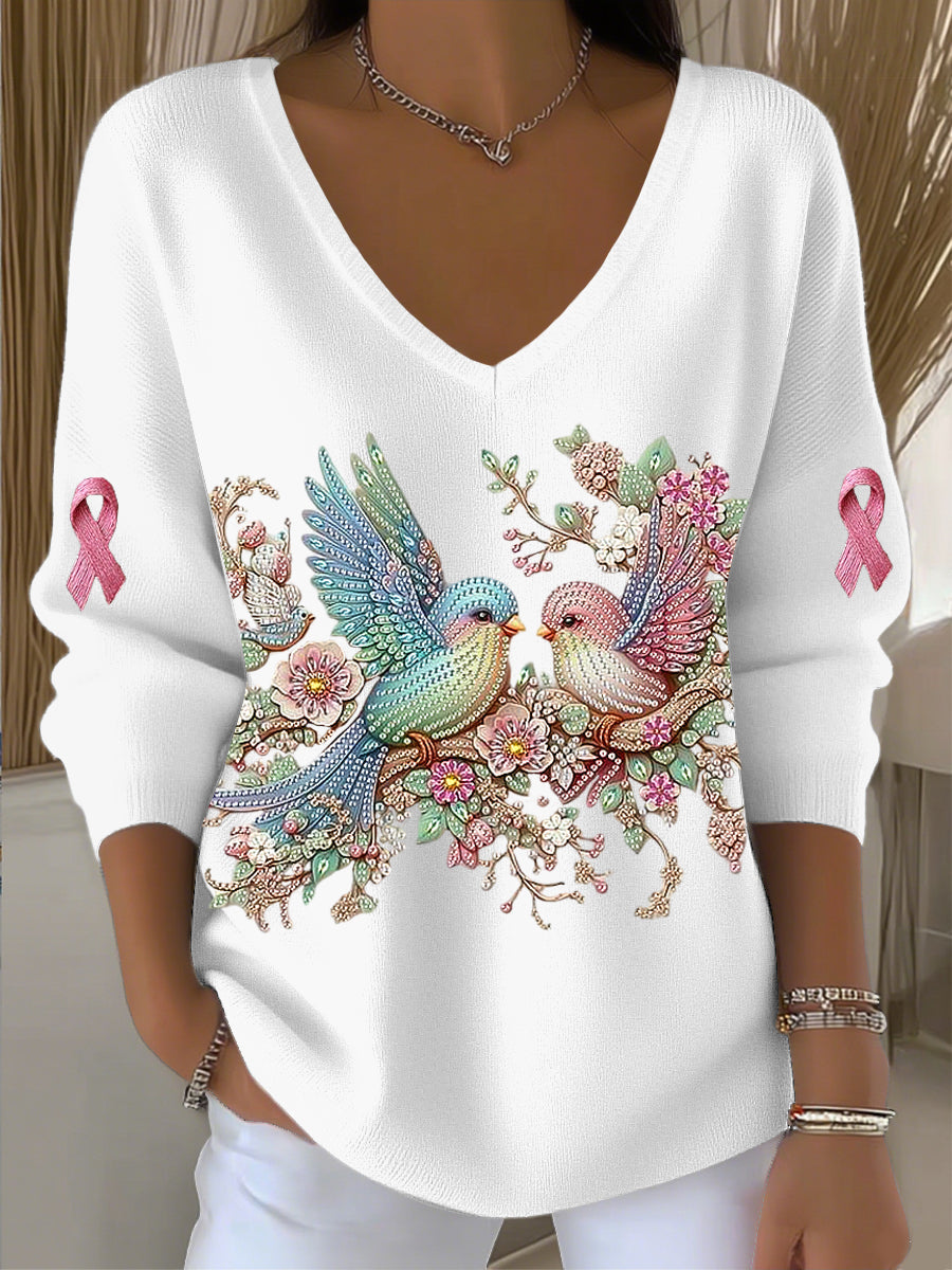 Top con cuello en V para mujer Romantic Hummingbird Rhinestone Art