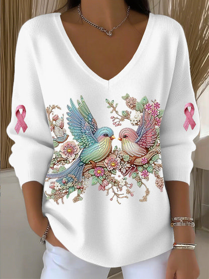 Top con cuello en V para mujer Romantic Hummingbird Rhinestone Art