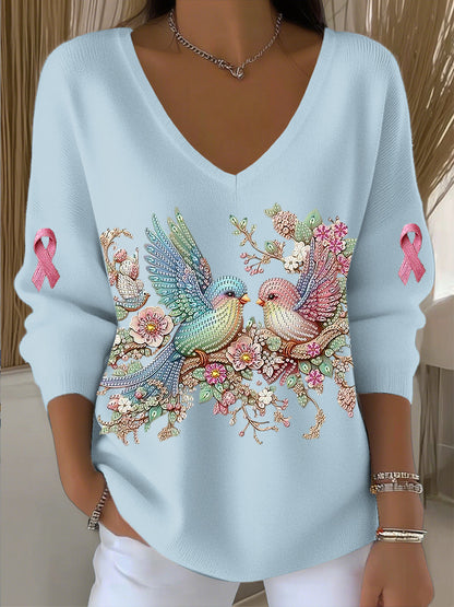 Top con cuello en V para mujer Romantic Hummingbird Rhinestone Art
