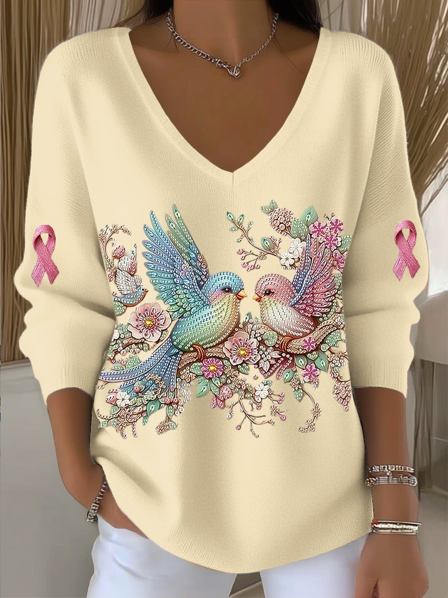 Top con cuello en V para mujer Romantic Hummingbird Rhinestone Art
