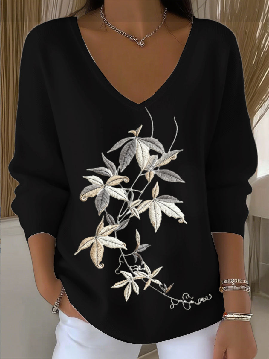 Suéter con cuello en V blanco de estilo europeo para mujer con bordado de hojas encantador, moderno y cómodo, fácil de crear miradas diarias