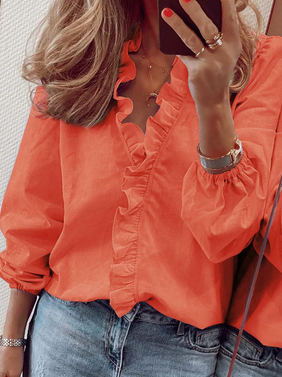 Elegante cuello en V con volantes para mujer Camisa