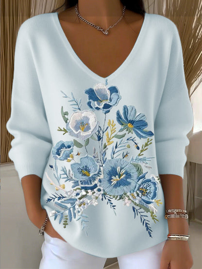 Suéter con cuello en V bordado floral azul de mujer