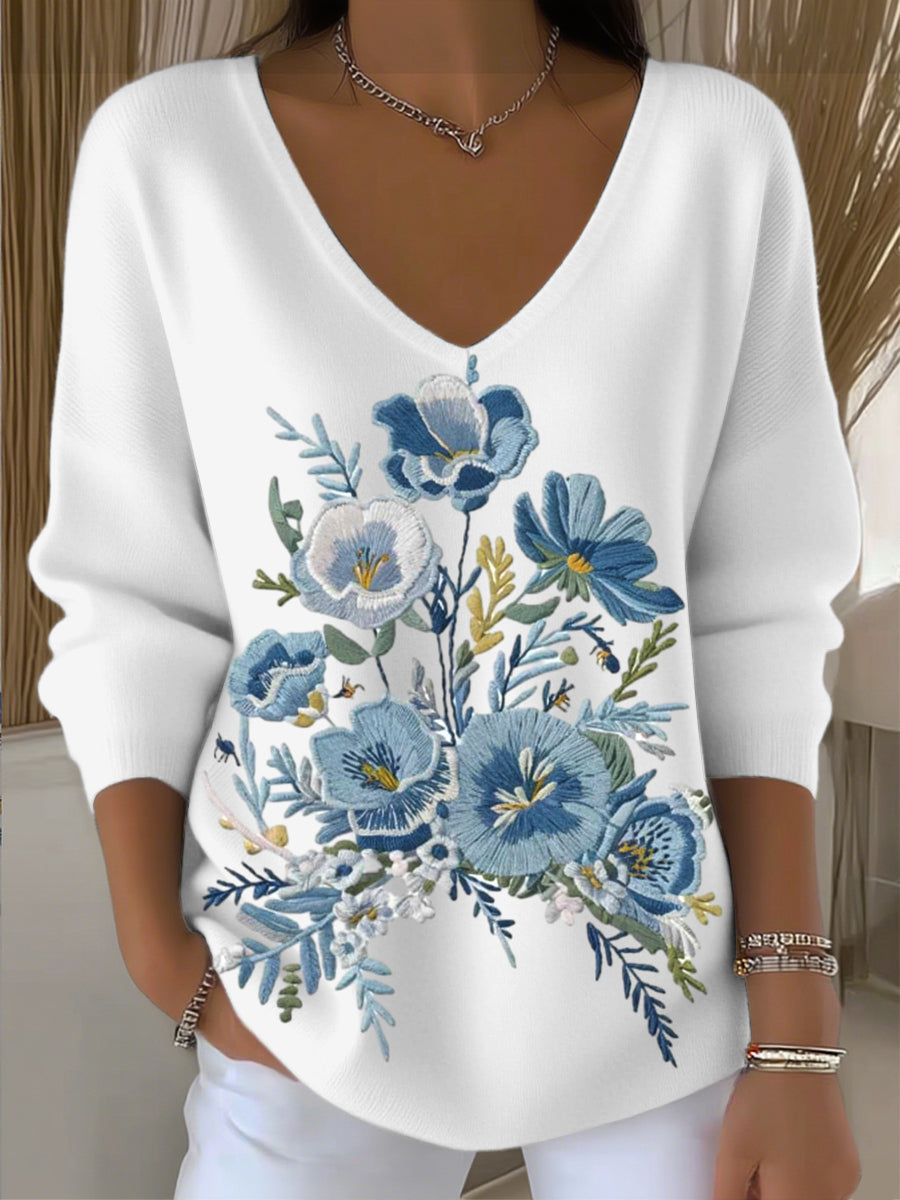Suéter con cuello en V bordado floral azul de mujer