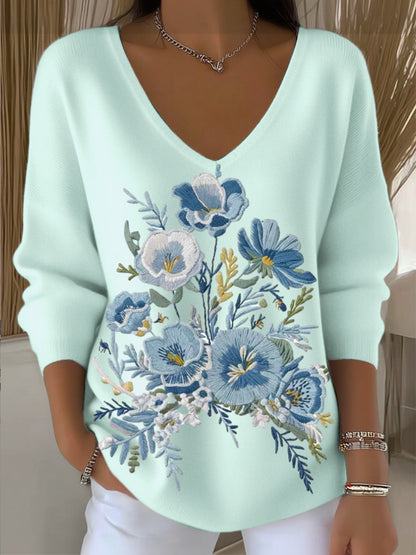 Suéter con cuello en V bordado floral azul de mujer