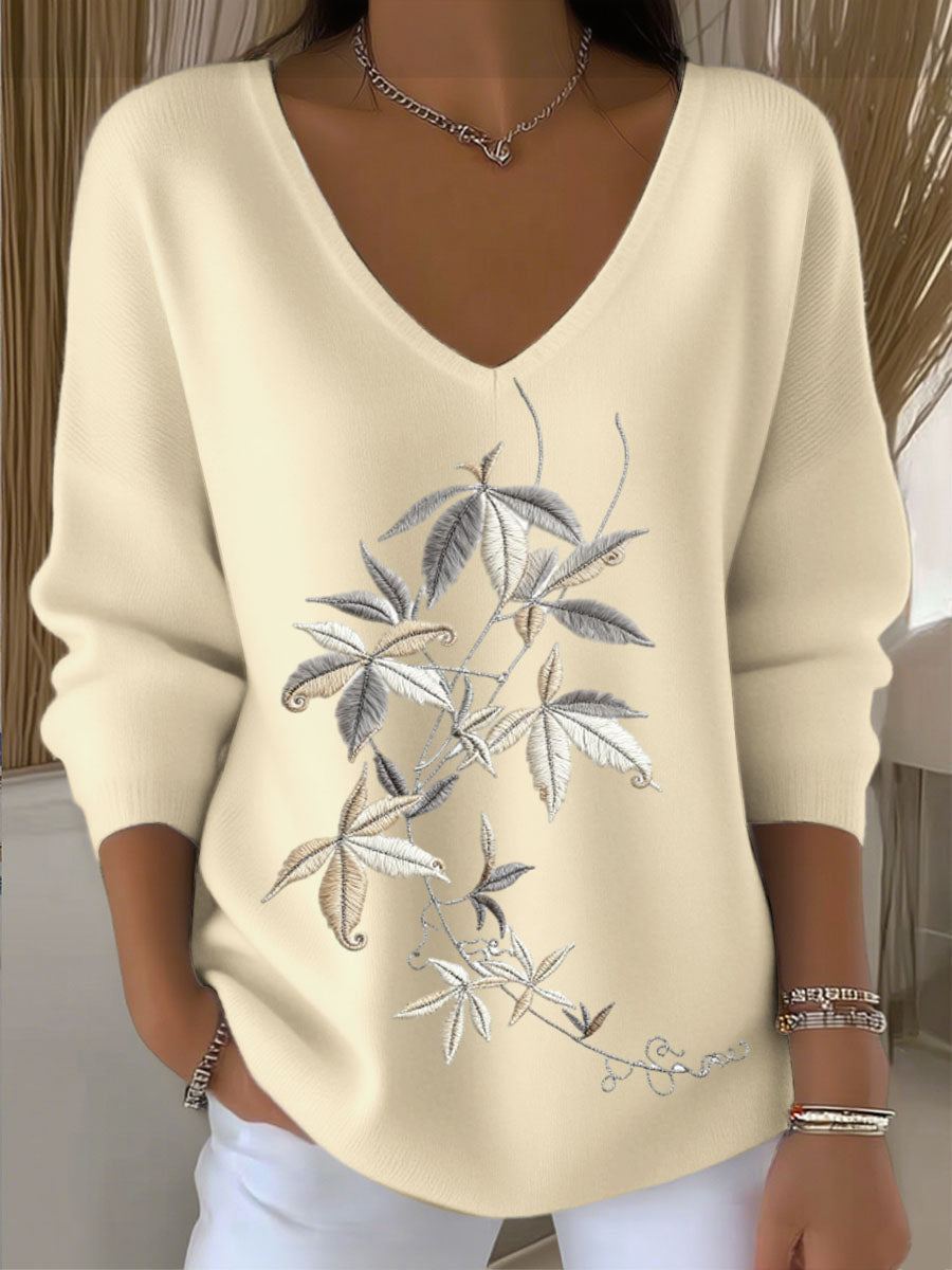Suéter con cuello en V blanco de estilo europeo para mujer con bordado de hojas encantador, moderno y cómodo, fácil de crear miradas diarias