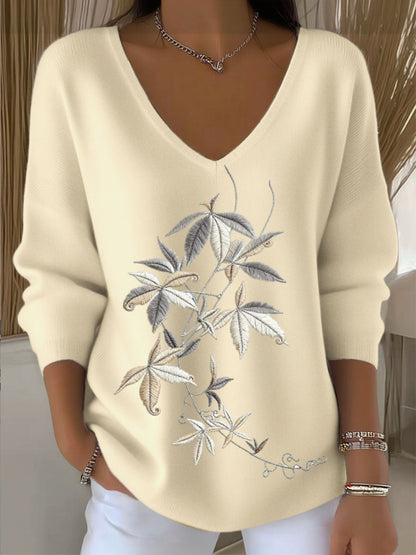 Suéter con cuello en V blanco de estilo europeo para mujer con bordado de hojas encantador, moderno y cómodo, fácil de crear miradas diarias