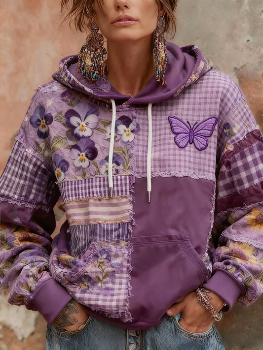 Mujer Conciencia de Alzheimer Púrpura Floral Butterfly Patchwork Encapuchado