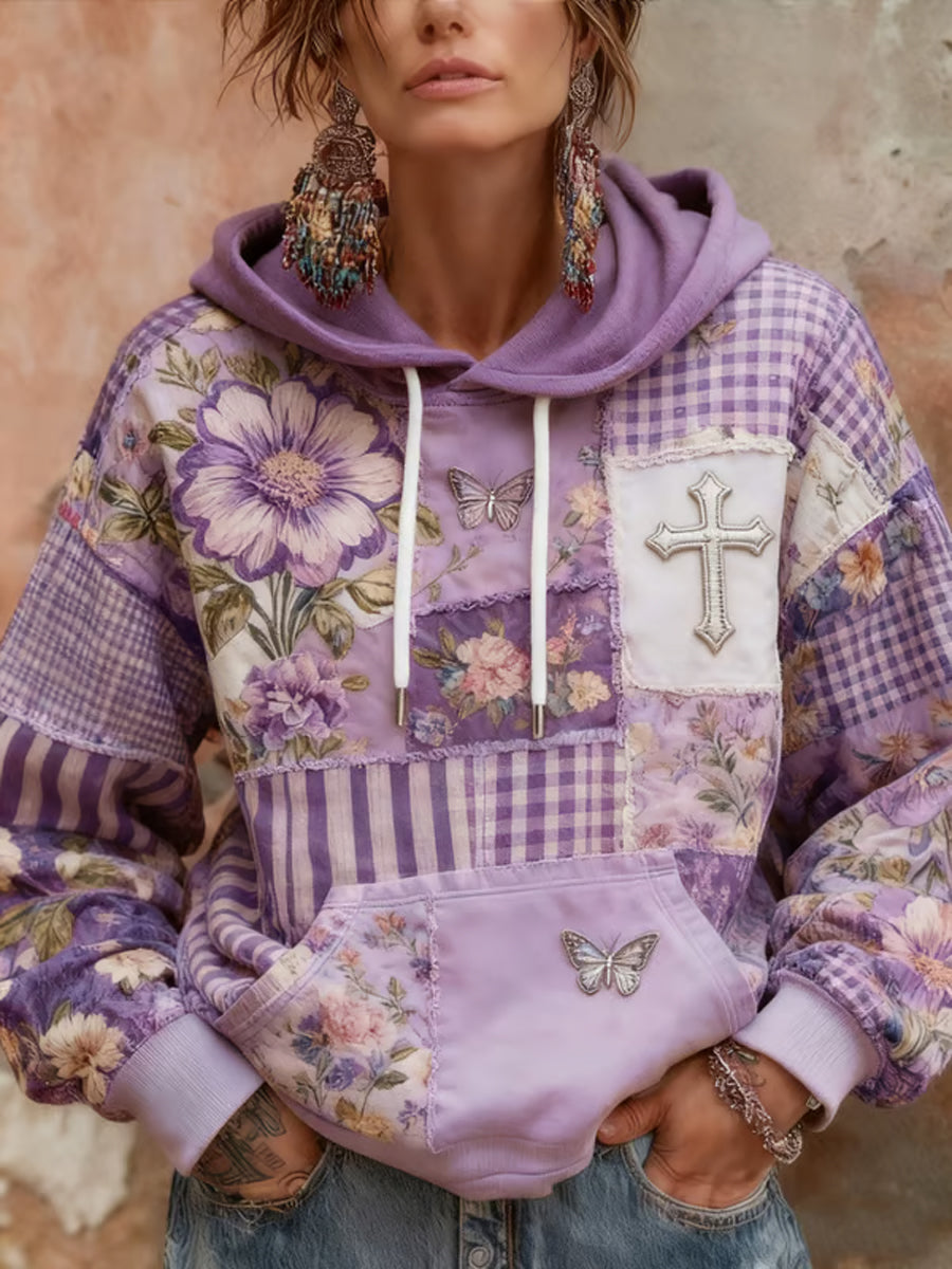 Mujer Conciencia de Alzheimer Púrpura Floral Butterfly Patchwork Encapuchado