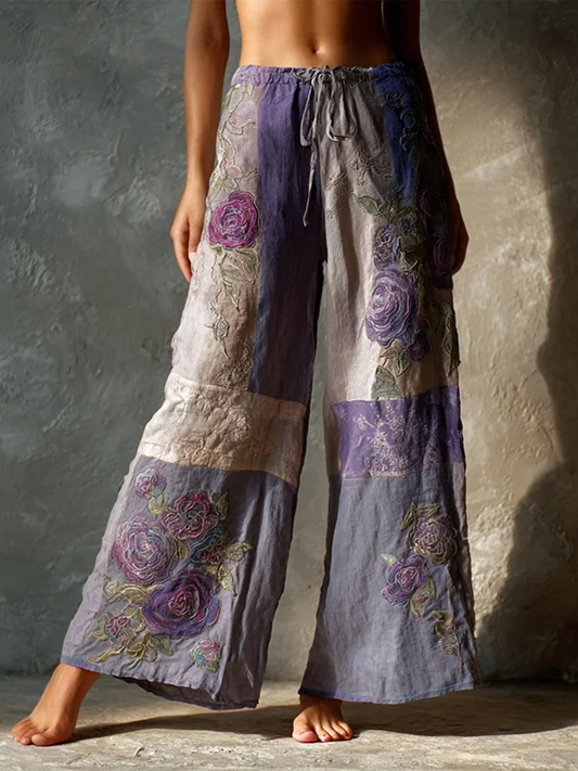Vintage de las mujeres rosas de color púrpura Patchwork Pantalones