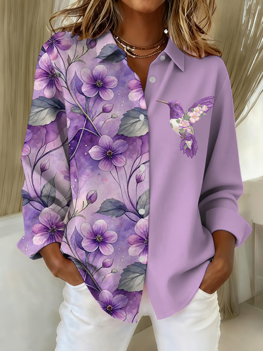 Camisa de lino casual con estampado floral de colibrí púrpura para mujer