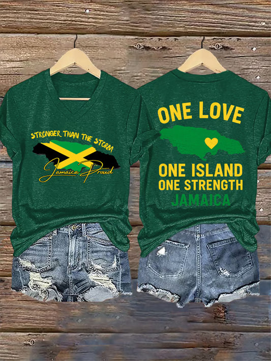 Mujer más fuerte que la tormenta Jamaica orgulloso One Love One Island camiseta de manga corta
